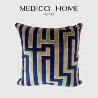 Medicci Home Luxury Maze Pattern Embroidered Velvet Cut Big Cushion Covers 60x60cm European Noble Throw Pillow Case In Navy Blue