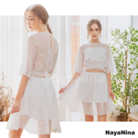 Naya Nina 雪白蕾絲美背綁帶套裝式居家洋裝睡衣-白F
