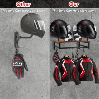 The YS-22 motorcycle helmet wall-mounted display rack features a combination of wood and metal desig