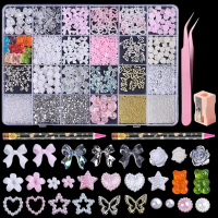3D Nail Charms Bulk - Mix Assorted Colorful Nail Art Charms with Flowers Hearts Pearls Butterflies B