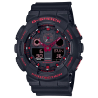 【CASIO 卡西歐】G-SHOCK 焰紅配色 大錶殼雙顯手錶(GA-100BNR-1A)