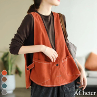 【ACheter】復古棉麻V領寬鬆純色短版無袖背心外搭罩衫#117770(4色)