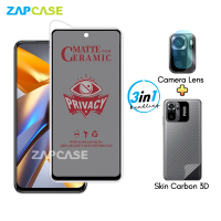 PAKET 3in1 Anti Gores Layar Privacy Xiaomi Poco M5s Free Camera Lens dan Skin Carbon