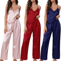 Satin Silk Pajama For Women Nightgown Sets Lingerie Satin Lingerie Nightie Slips Camis Long Pants Sleepwear Pajama Sets New