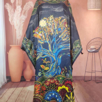 Middle East Blogger Recommend New Printed Twill Silk Summer Loose Kaftan Maxi Dress Oversize Dashiki Muslim Lady Boubou
