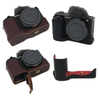 Camera Bag Genuine Leather Half Body Case For Sony ZV-E10 ZVE10 Bottom Cover With Battery Opening