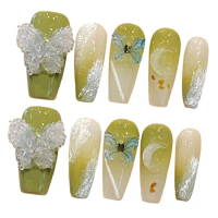 Green Long False Nails with 3D Moon Decor Sweet &amp; Charming Reusable False Nails for Shopping Traveling Dating