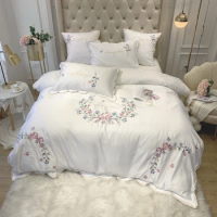 Chic Floral Embroidery Home Textile Princess Bedding Set Luxury White Satin Cotton Duvet Cover Fitted Bed Sheet Pillow shams