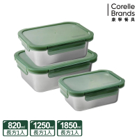 【CorelleBrands 康寧餐具】可微波316不鏽鋼長方形保鮮盒3入組(C05)