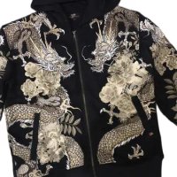 Men Boys Black Gold Peony Dragon Embroidery Sukajan Souvenir Jacket Loose Hoodies
