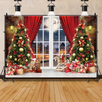 SHUOZHIKE Christmas Tree Flower Wreath Wooden Gift Photography Backdrop Window Snowman Cinema New Year Background Prop GHH-96