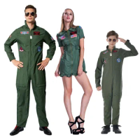 Kids Adults Top Gun Movie Cosplay American Airforce Uniform Halloween Costumes Men Women Army Green Military Pilot Jumpsuit