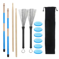 13 pcs/set 5A Maple Wood Drum Sticks Retractable Drum Wire Brushes Silicone Blue Drum Silencer Drum Sticks Bag Set