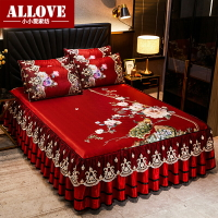 中式夏天床裙三件套大紅色婚慶國風冰絲涼席床單1.5m1.8m雙人床罩