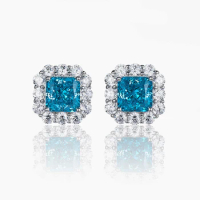GEM'S BEAUTY 100% S925 Sterling Silver Halo Studs Earrings Ice Flower Cut Blue 8x8 High Carbon Diamond Earrings For Women