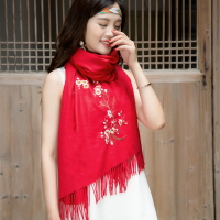 民族風圍巾女復古中國風秋冬季百搭紅色中年女士圍巾媽媽款禮盒裝1入