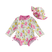 Baby Girl Swimsuit Set Lemon Bow Flower Rash Guard Long Sleeve Zip-up Back Bathing Suit with Cap 2 P