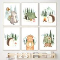 Cartoon Forest Camping Tent Animals Hedgehog Bear Art Canvas Painting Nordic Posters Prints Wall Pictures For Kids Room Decor