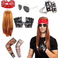 Men's Rocker Costume Halloween 80s Rocker Star Costume Set Men's Rocker Heavy Metal Costume 70s 80s Rocker Wigs Men Costume Set