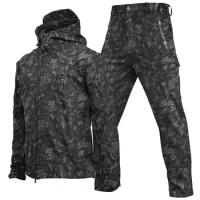 Mens Tactical Jacket Hiking Shark Skin Soft Shell Clothes Windbreaker Flight Pilot Hood Military Fleece Field Jacket Pants