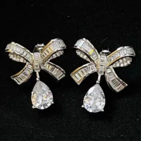 Custom Solid 10K White Gold Women Stud Earrings Bowknot Wedding Anniversary Engagement Water Drop Moissanite Diamond Earrings