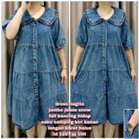 Dress Tunik Jeans Snow Denim Nagita Flare Jumbo 4L LD120 PJ98 Kancing Hidup Saku Samping Lengan Pend