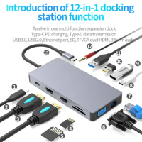 tebe 12 IN 1 USB C HUB Type-c To Dual HDMI Display Docking station RJ45/VGA/TF/SD/USB3.0/2.0/2*Type-c For Mac HP Type c Splitter