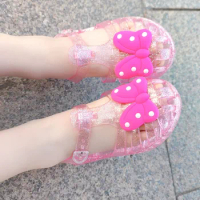Cheaper PVC Children Summer Jelly Sandals Bowknot Girl Princess Falt Rome Sandals Kids Fashion Beach Shoes SO106