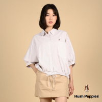 【Hush Puppies】女裝 襯衫 直條紋寬鬆剪裁後褶襯衫(淺卡其 / 43212101)