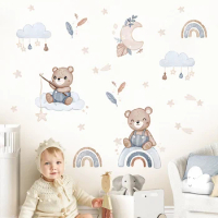 Boho Cartoon Cute Bear Rainbow Cloud Moon Watercolor Nursery Stickers Wall Decals Art Print Kids Boys Room Interior Home Decor