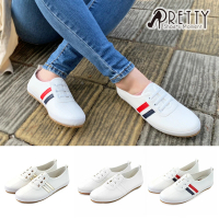 【Pretty】台灣製雙線條假鞋帶休閒鞋/小白鞋(金色、白色、白藍)
