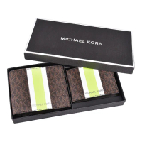 【Michael Kors】MK MICHAEL KORS GIFTING字母LOGO綠白綠條紋設計PVC名片短夾禮盒(棕褐)