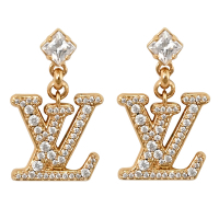 LV M01844 Lady LV 經典品牌水鑽LOGO針式耳環(金)