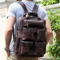 Vintage New 2016 Men's Genuine Leather Backpack Men Crazy Horse Leather Backpack Male School Backpack Book Bags Travel Backpacks