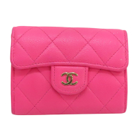 【二手名牌BRAND OFF】CHANEL 香奈兒 芭比粉 牛皮 菱格紋 卡夾 零錢包 香檳金扣 (無卡)