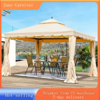10' x 12' Outdoor Canopy Gazebo, Double Roof Patio Gazebo Steel Frame with Netting and Shade Curtains for Party Canopy, Beige