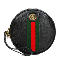 【GUCCI 古馳】574841 經典Ophidia系列皮革雙G LOGO圓餅掛腕手拿包(黑色)