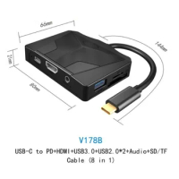Type C To 8-in-1 Hub: HDMI Converter + USB HUB