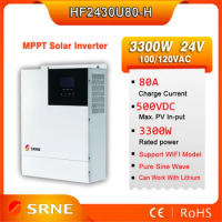SRNE 3300W Hybrid Solar Inverter 100V/120V MPPT 80A 3300VA Pure Sine Wave Inverter Off-Grid Solar Inverter 24V Battery Charger