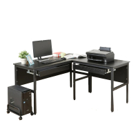 【DFhouse】頂楓150+90公分大L型工作桌+2抽屜+主機架-黑橡木色