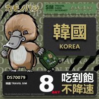 【【鴨嘴獸 旅遊網卡】】Travel Sim 韓國8天上網卡 吃到飽網卡 韓國吃到飽 韓國上網卡(韓國 上網卡 不降速)