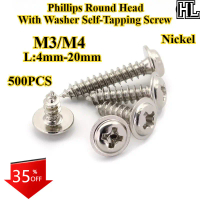 [HL-ZGLS] 500PCS Nickel Plating Phillips Round Head With Washer Self-Tapping Screw M3/M4 Cross Pan H
