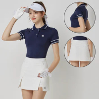 Blktee Women Turn Down Collar Golf Shirt Short Sleeve Slim Tops Ladies High Waist Golf Skirt Quick Dry Pencil Skort Golf Suits