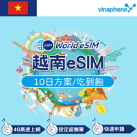 越南 eSIM 上網卡 10天 吃到飽不降速 4G高速上網 Vinaphone 手機上網 越南漫游 旅游卡 日商公司品質保證
