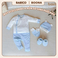 Combo Sơ Sinh 4 Món Boona Sợi Tre Bamboo Eco Mã Màu: Bộ Quần Áo Dài Tay, Set Mũ Bao Chân Tay Cho Bé 
