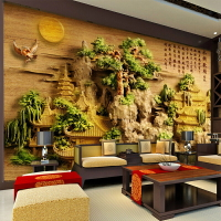 浮雕山水畫電視背景墻布復古中式3d立體壁紙客廳沙發8D壁畫影視墻