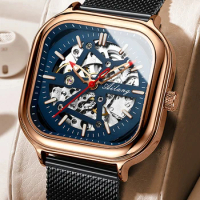 AILANG Top Brand Skeleton Square Mechanical Watch For Men Automatic Wristwatch Waterproof Mesh Belt Watches Reloj Hombre