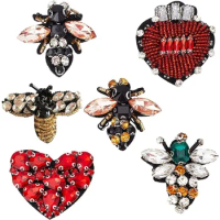 6 Pieces Beaded Rhinestone Patches Heart Bee Shape Crystal Applique Fabric Iron on Patches for Jeans Jackets Clothes Shoes