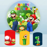 A Super Mario Bros Round Backdrop Boys Birthday Party Decoration Polyester Photography Background Cylinder Cover Custom Props