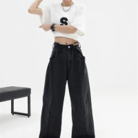 2023 Women Baggy Long Jeans Harajuku Black Wide Leg Trousers Streetwear Vintage High Waist Denim Pants Big Pocket Y2k Feamle
